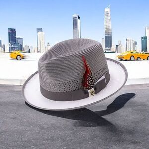 MONTIQUE MENS GREY&WHITE 2 1/2" WIDE BRIM TWO-TONE FEDORA HAT. H94